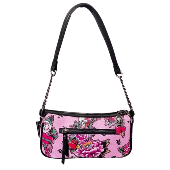 Ed Hardy Handbags - Ed Hardy Vegan Leather Shoulder Bag Pink Floral Skull Hearts Tattoo NEW Y2K